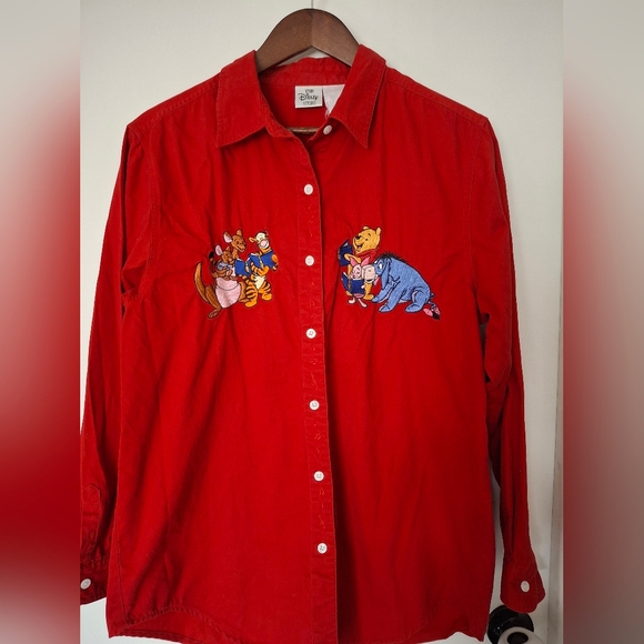 Disney Pooh Red Button Down Shirt with Embroidered Characters Womens Large GUC - Picture 1 of 5
